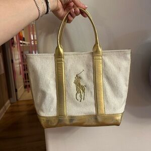 Ralph Lauren Women's Pony Gold Canvas Mini Tote Bag Handbag Purse - Off White